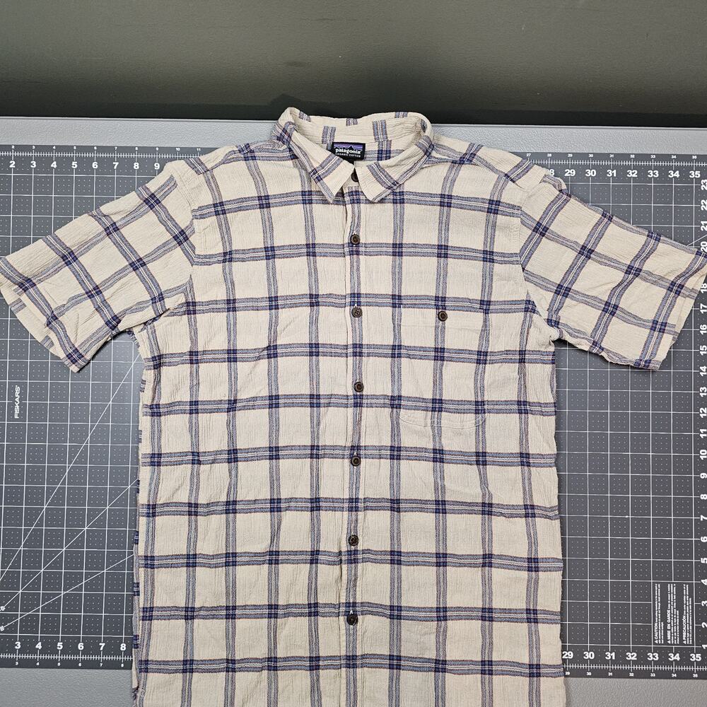 Patagonia Shirt Mens Large Beige Plaid Crepe Organic Cotton Preppy Outdoors